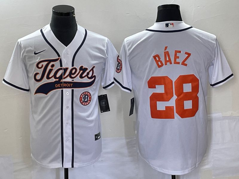 Men Detroit Tigers 28 Baez White Joint Name 2025 Nike MLB Jersey style 1